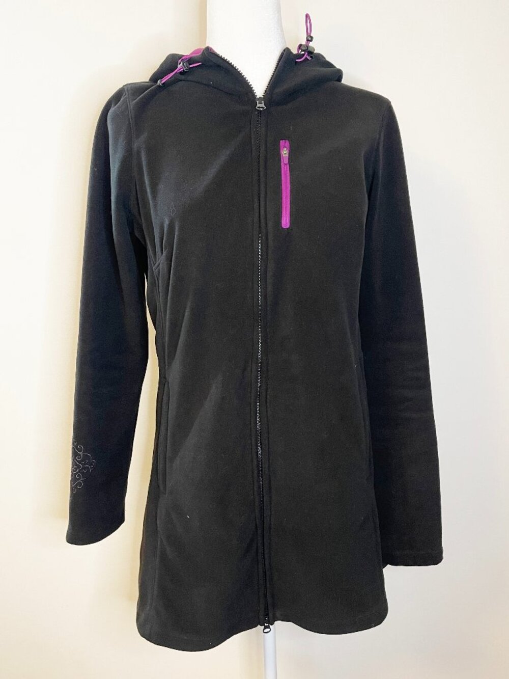 Athleta Swara Black Purple Fleece Hooded Long Jacket Coat Full Zip Size M
